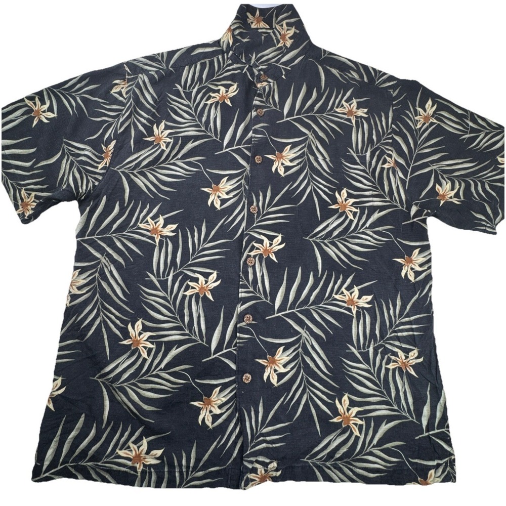 Joseph & Feiss 100% Silk Hawaiian Shirt Tropical Palm Leaf Print Large Black L